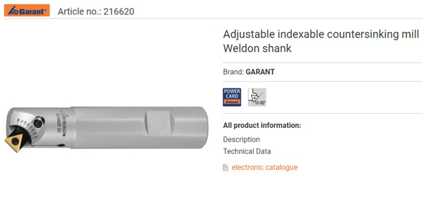 GARANT Adjustable indexable countersinking mill Weldon shank 216620