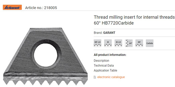 Thread milling insert for internal threads 60° HB7720Carbide 218005